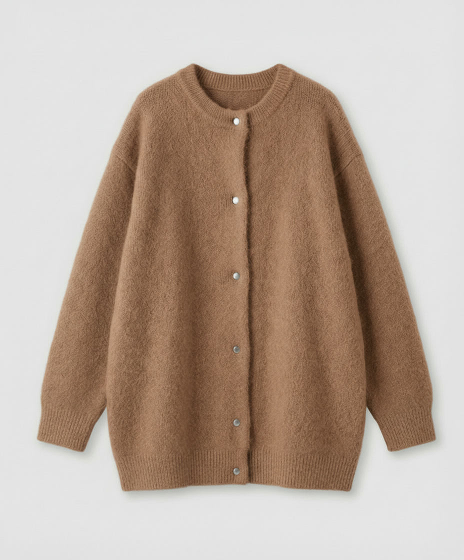 Women's long black cardigan featuring a button front design, crafted from soft brushed knit for comfort and style. 7