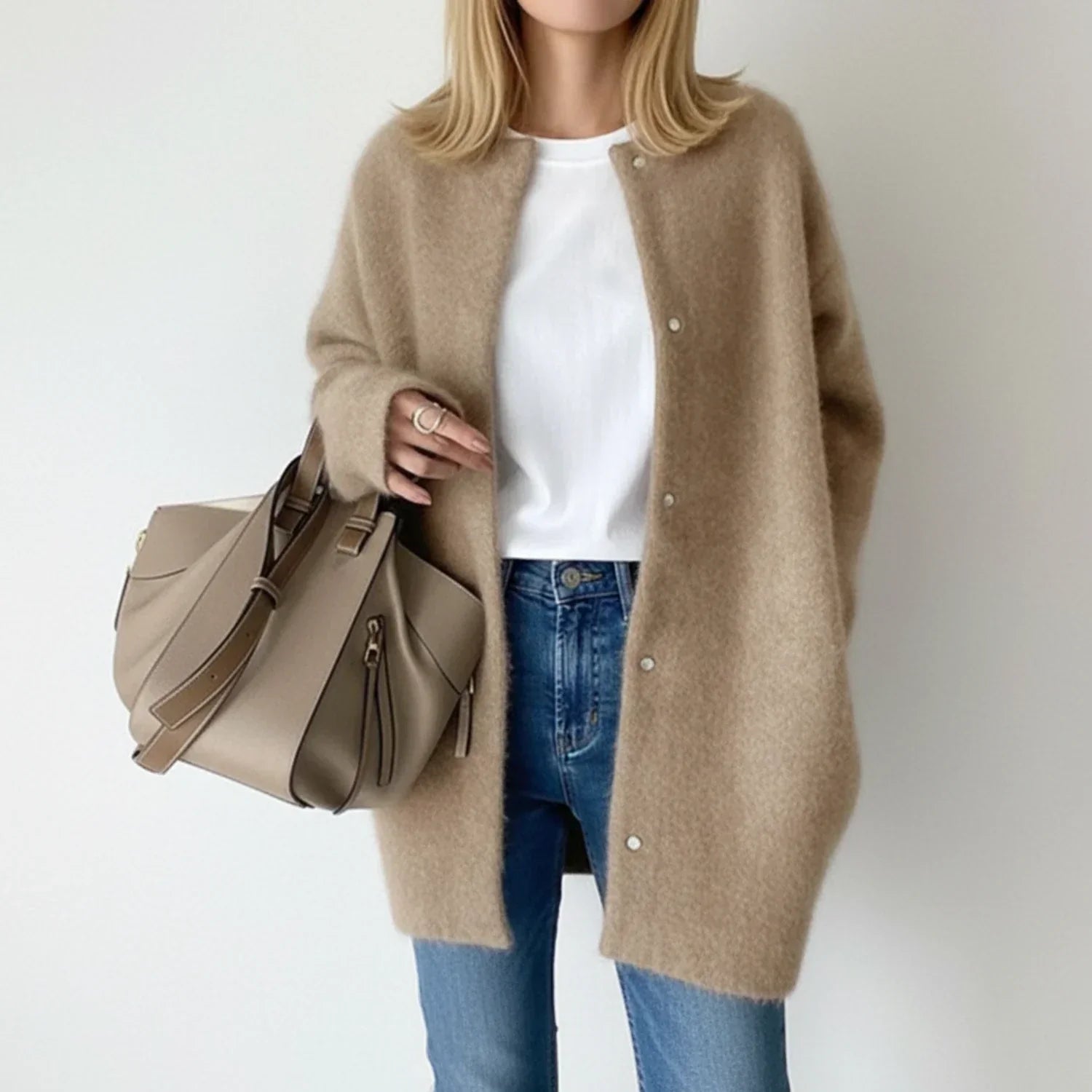 Women's long black cardigan featuring a button front and round neck, perfect for cozy layering in any season. 0