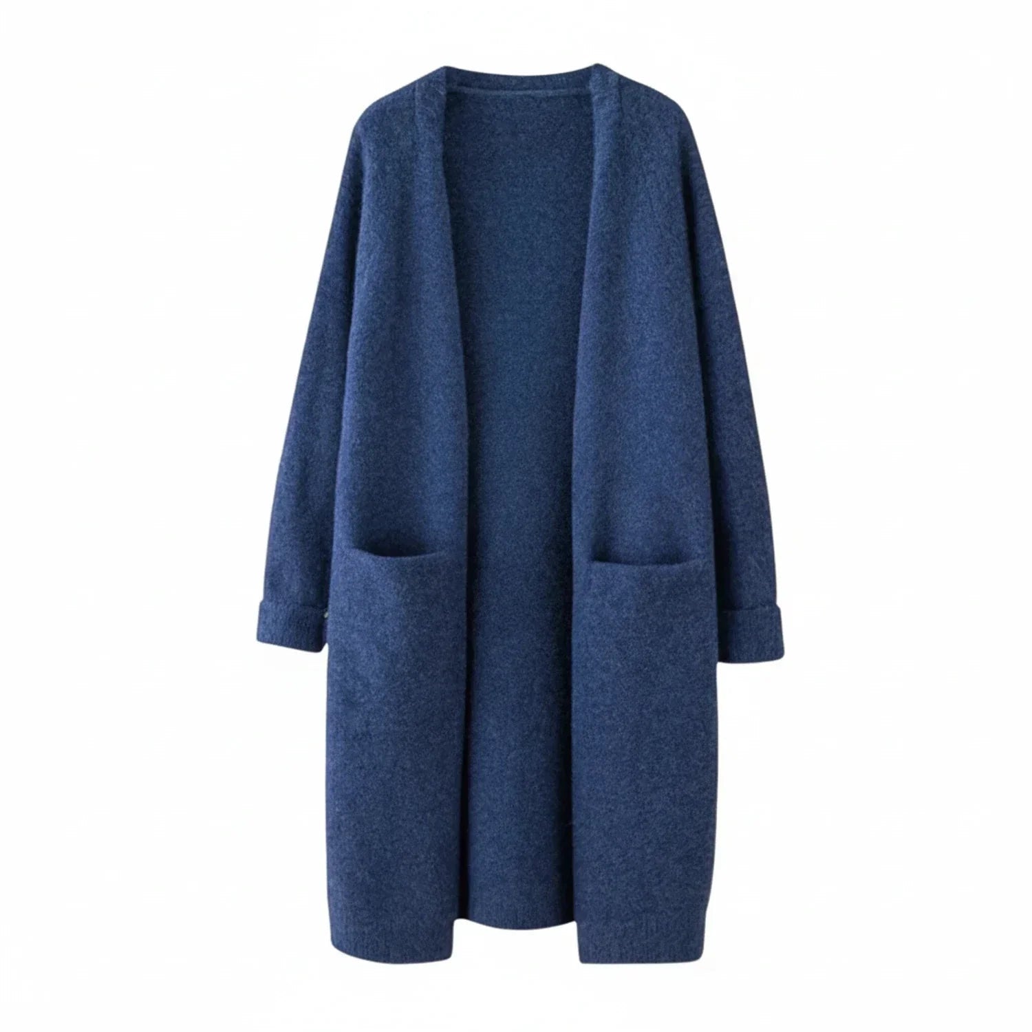 Women's long black cardigan with pockets, featuring a soft knit fabric and relaxed fit, perfect for layering and casual wear. 1