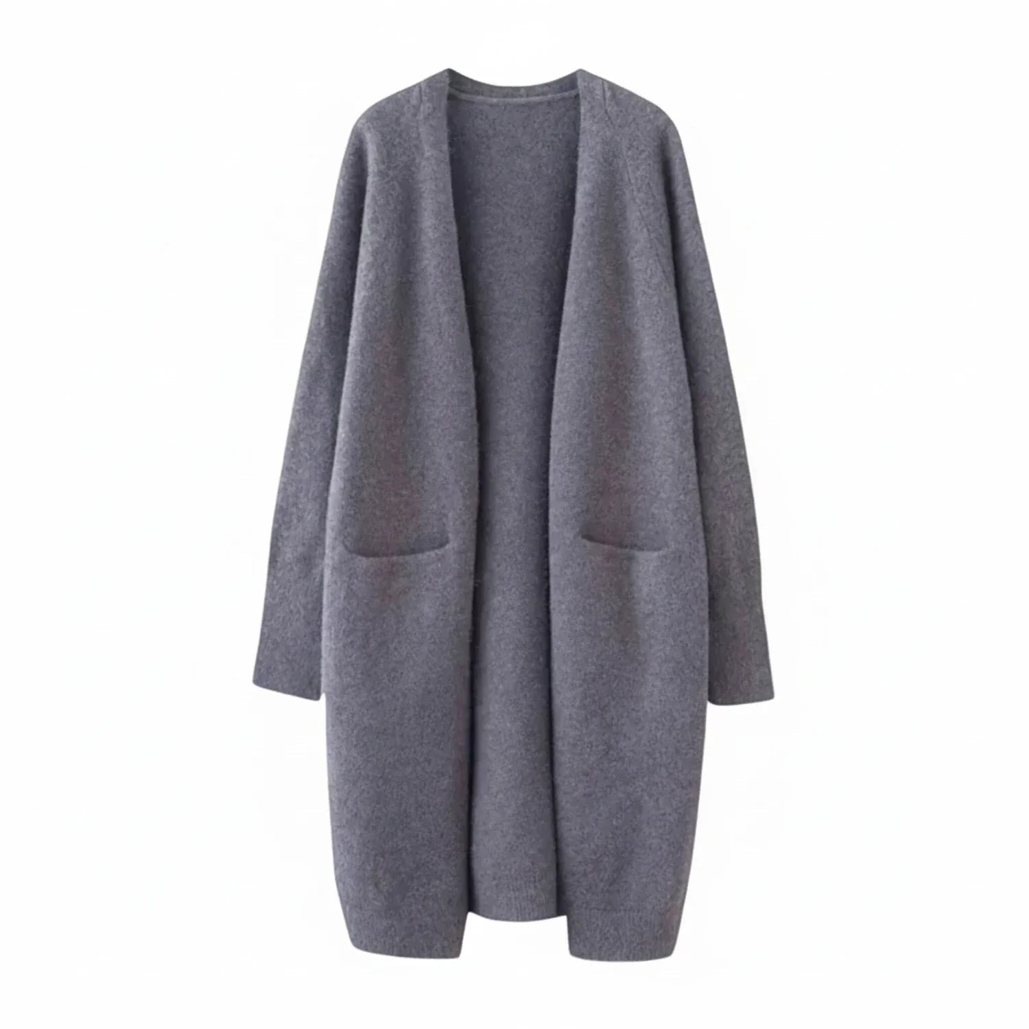 Women's long black cardigan with pockets, featuring a soft knit fabric and relaxed fit, perfect for layering and casual wear. 2