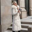 Women's long down puffer coat with high collar, designed for lightweight insulation and warmth, perfect for winter wear. 0