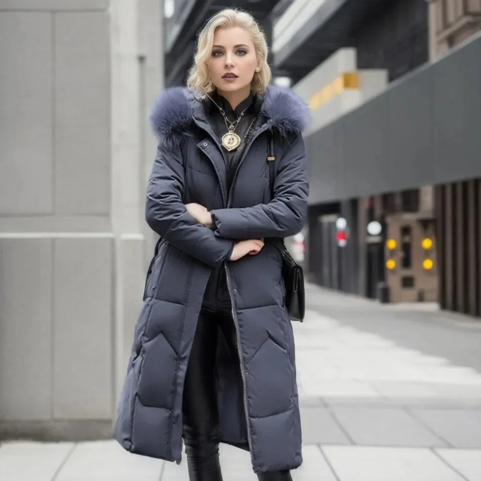 Women's long down puffer coat with high collar, designed for lightweight insulation and warmth, perfect for winter wear. 10