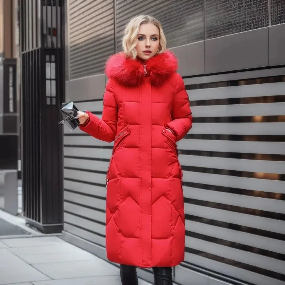 Women's long down puffer coat with high collar, designed for lightweight insulation and warmth, perfect for winter wear. 11