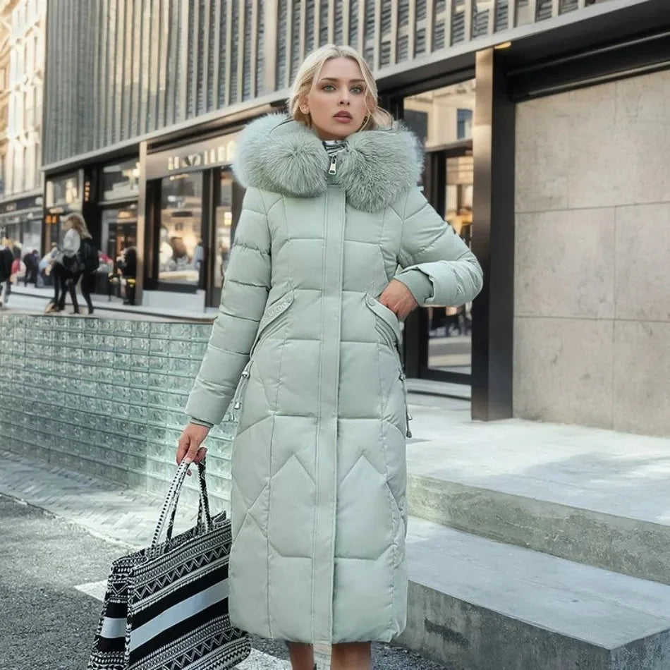 Women's long down puffer coat with high collar, designed for lightweight insulation and warmth, perfect for winter wear. 12