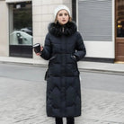 Women's long down puffer coat with high collar, designed for lightweight insulation and warmth, perfect for winter wear. 7
