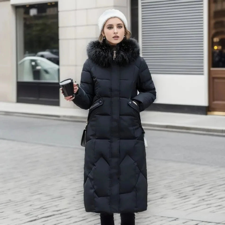Women's long down puffer coat with high collar, designed for lightweight insulation and warmth, perfect for winter wear. 7