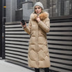 Women's long down puffer coat with high collar, designed for lightweight insulation and warmth, perfect for winter wear. 9