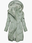 Women's long winter coat featuring a stylish faux fur hood and warming lining, designed for elegance and comfort in cold weather. 0