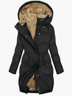 Women's long winter coat featuring a stylish faux fur hood and warming lining, designed for elegance and comfort in cold weather. 1