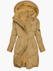 Women's long winter coat featuring a stylish faux fur hood and warming lining, designed for elegance and comfort in cold weather. 2