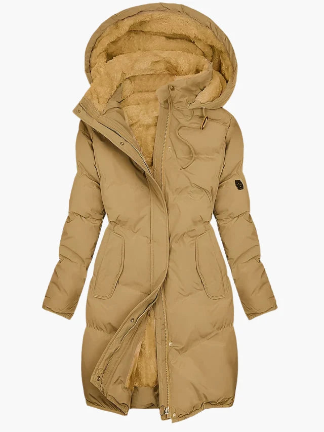 Women's long winter coat featuring a stylish faux fur hood and warming lining, designed for elegance and comfort in cold weather. 2