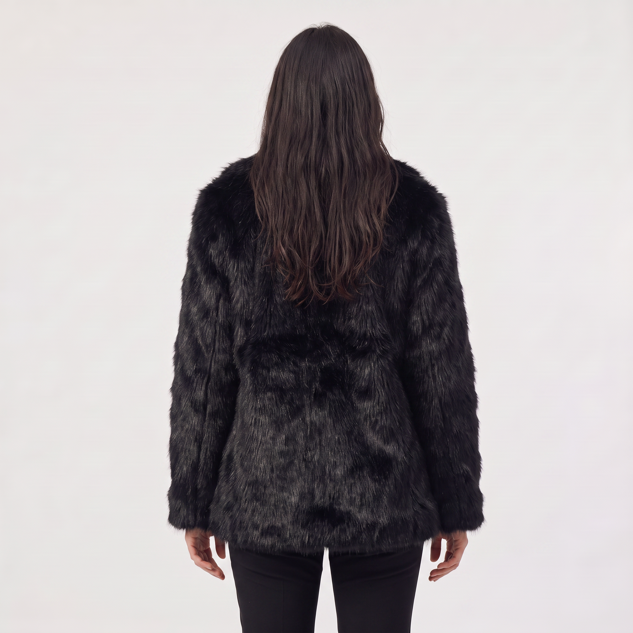 Women's longline faux fur coat featuring an oversized collar and a relaxed open-front design, perfect for stylish winter wear. 2