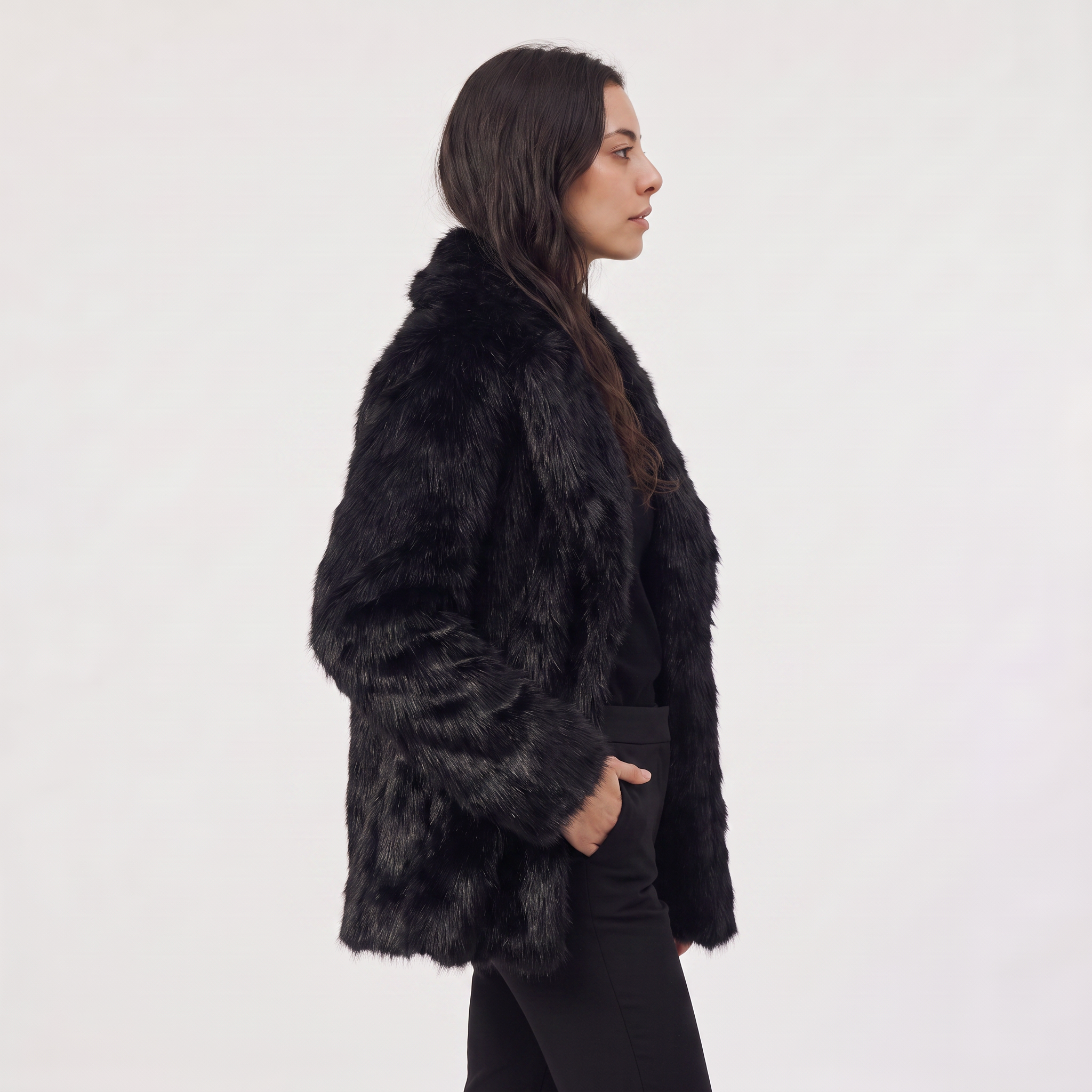 Women's longline faux fur coat featuring an oversized collar and a relaxed open-front design, perfect for stylish winter wear. 3