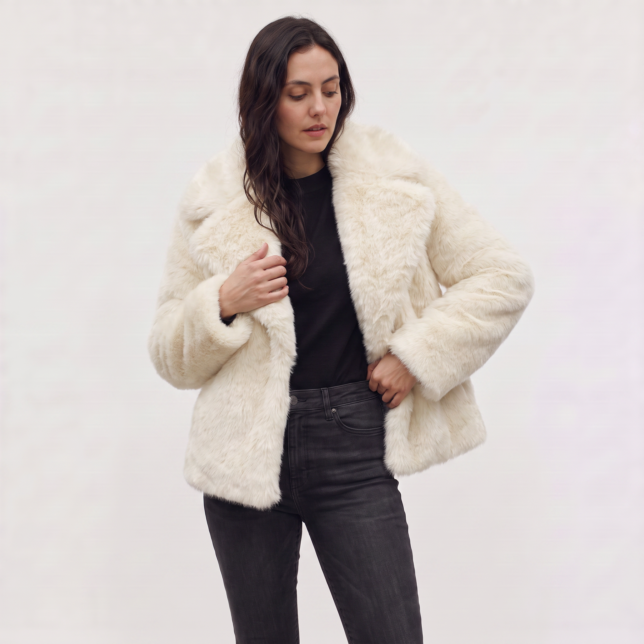 Women's longline faux fur coat featuring an oversized collar and a relaxed open-front design, perfect for stylish winter wear. 7