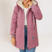 Women's longline hooded jacket made of wool-effect sherpa fleece, featuring a cozy design and practical side pockets, perfect for winter layering. 2