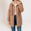 Women's longline hooded jacket made of wool-effect sherpa fleece, featuring a cozy design and practical side pockets, perfect for winter layering. 3