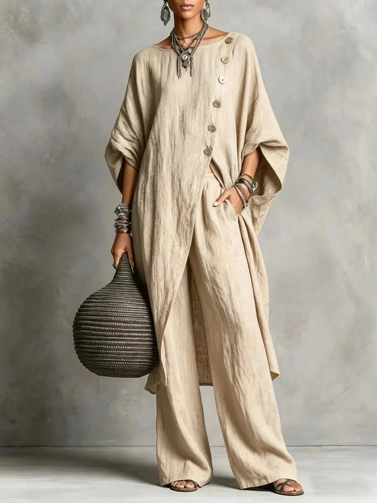 Women's vintage-inspired loungewear set featuring a batwing sleeve tunic and wide-leg pants, perfect for casual relaxation and comfort. 1