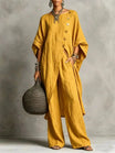 Women's vintage-inspired loungewear set featuring a batwing sleeve tunic and wide-leg pants, perfect for casual relaxation and comfort. 10