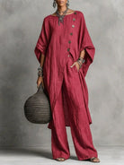 Women's vintage-inspired loungewear set featuring a batwing sleeve tunic and wide-leg pants, perfect for casual relaxation and comfort. 11