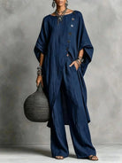 Women's vintage-inspired loungewear set featuring a batwing sleeve tunic and wide-leg pants, perfect for casual relaxation and comfort. 12