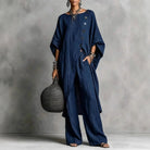 Women's vintage-inspired loungewear set featuring a batwing sleeve tunic and wide-leg pants, perfect for casual relaxation and comfort. 2