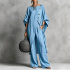 Women's vintage-inspired loungewear set featuring a batwing sleeve tunic and wide-leg pants, perfect for casual relaxation and comfort. 3