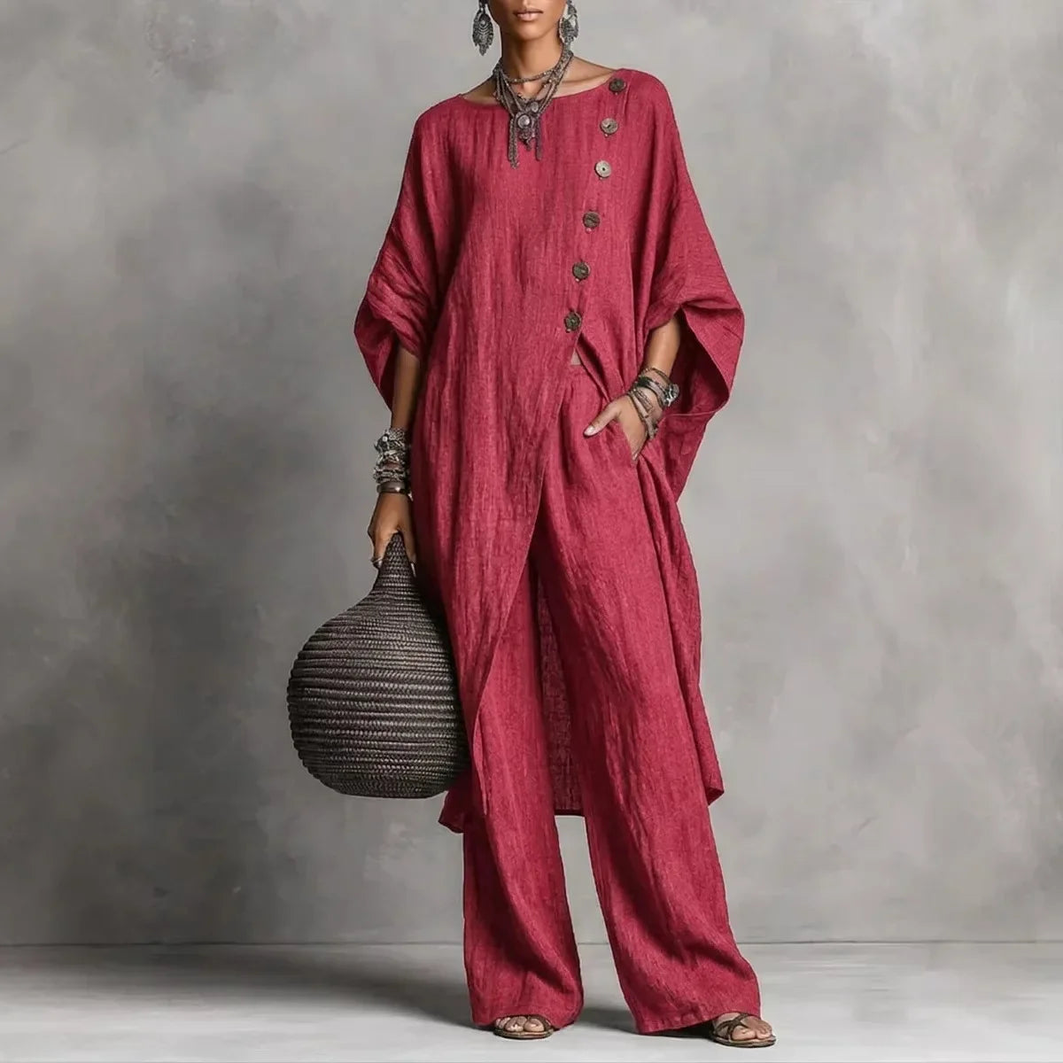 Women's vintage-inspired loungewear set featuring a batwing sleeve tunic and wide-leg pants, perfect for casual relaxation and comfort. 4
