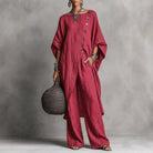 Women's vintage-inspired loungewear set featuring a batwing sleeve tunic and wide-leg pants, perfect for casual relaxation and comfort. 4