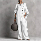 Women's vintage-inspired loungewear set featuring a batwing sleeve tunic and wide-leg pants, perfect for casual relaxation and comfort. 5