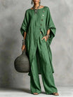 Women's vintage-inspired loungewear set featuring a batwing sleeve tunic and wide-leg pants, perfect for casual relaxation and comfort. 6