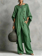 Women's vintage-inspired loungewear set featuring a batwing sleeve tunic and wide-leg pants, perfect for casual relaxation and comfort. 6