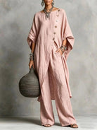 Women's vintage-inspired loungewear set featuring a batwing sleeve tunic and wide-leg pants, perfect for casual relaxation and comfort. 7