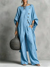Women's vintage-inspired loungewear set featuring a batwing sleeve tunic and wide-leg pants, perfect for casual relaxation and comfort. 8