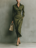 Women's army green maxi dress featuring a draped skirt, crafted from a comfortable cotton blend, designed for a tailored fit ideal for both work and evening events 0
