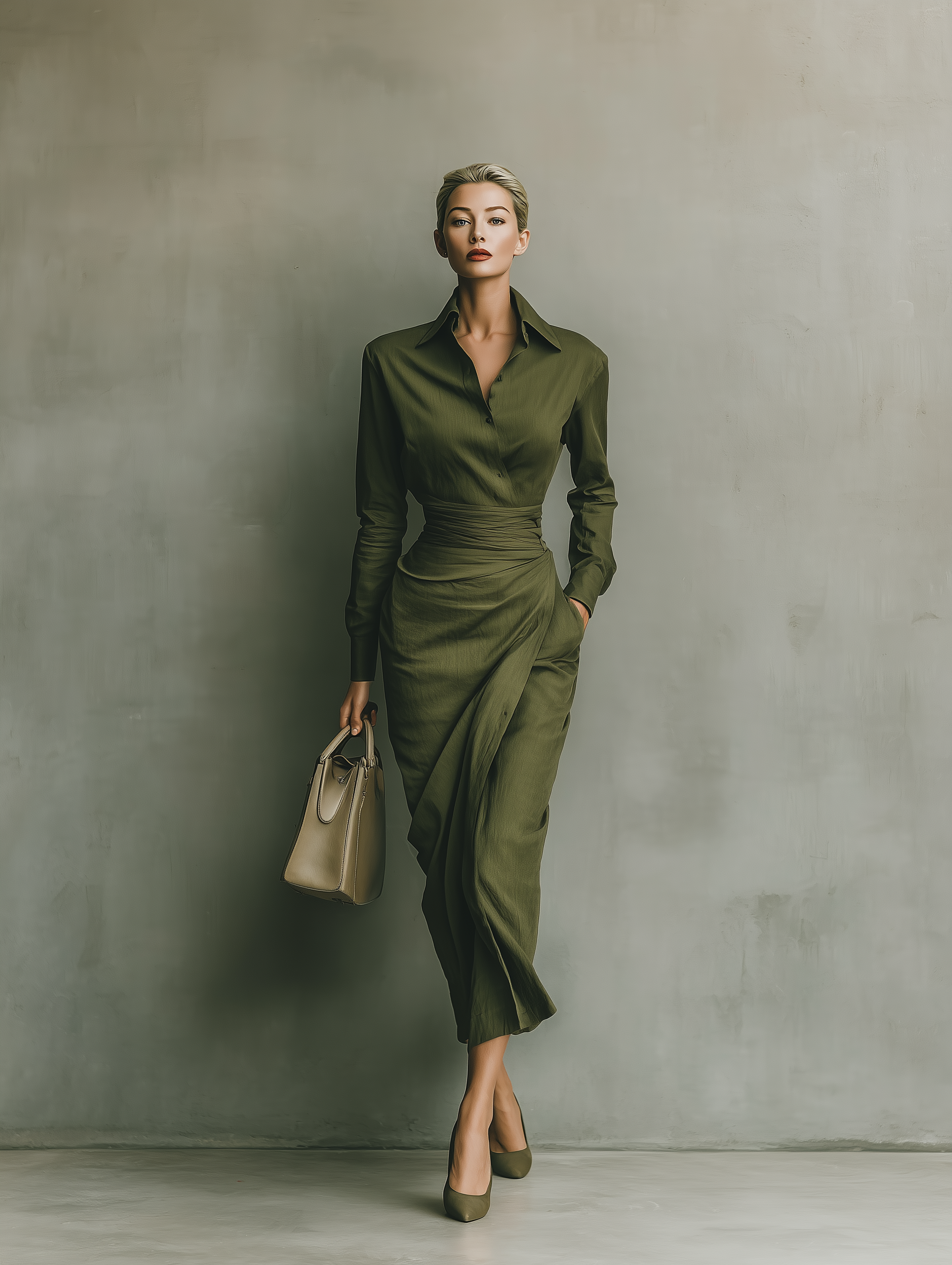 Women's army green maxi dress featuring a draped skirt, crafted from a comfortable cotton blend, designed for a tailored fit ideal for both work and evening events 1