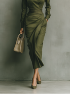 Women's army green maxi dress featuring a draped skirt, crafted from a comfortable cotton blend, designed for a tailored fit ideal for both work and evening events 3