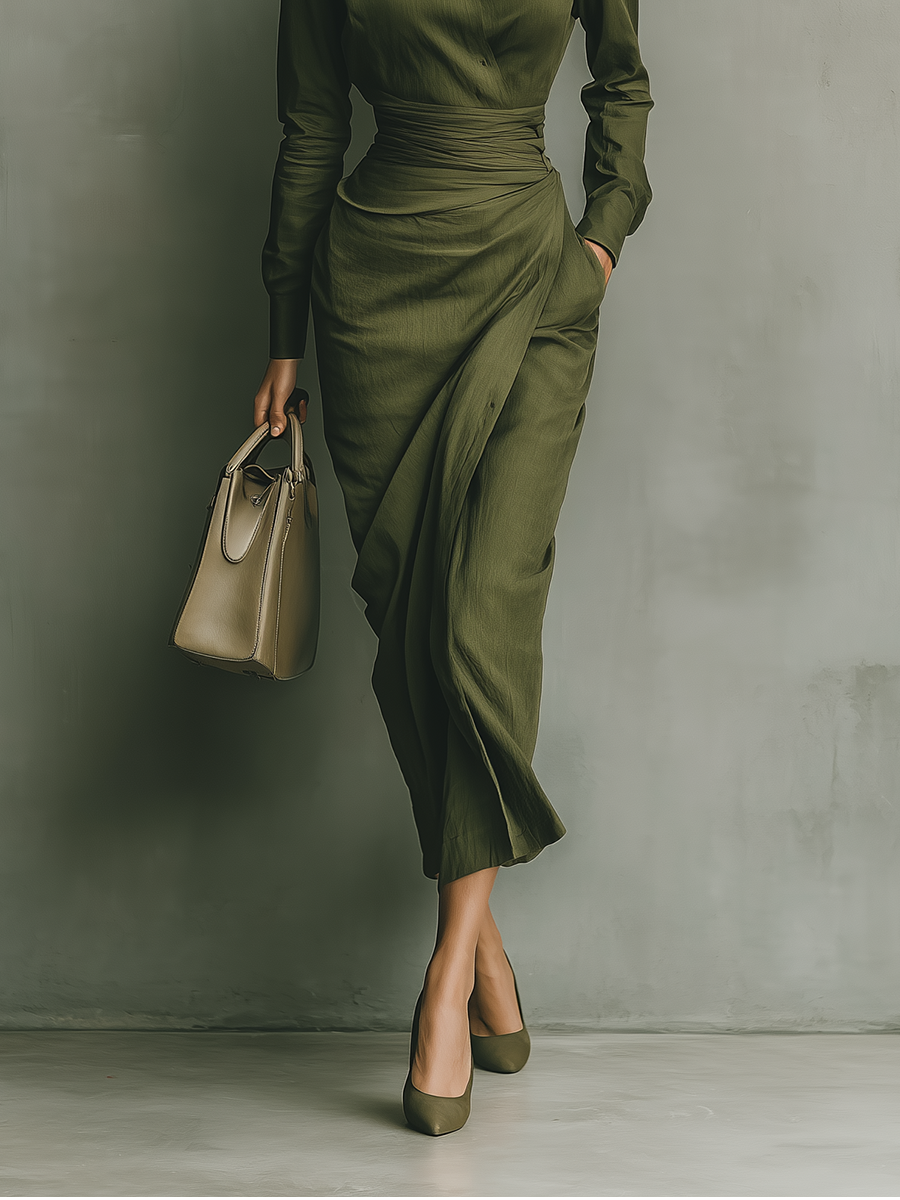 Women's army green maxi dress featuring a draped skirt, crafted from a comfortable cotton blend, designed for a tailored fit ideal for both work and evening events 3