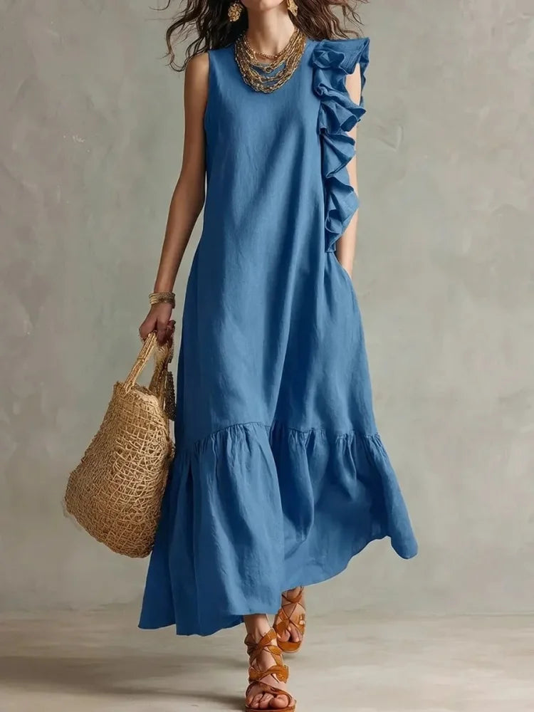 Women's sleeveless maxi dress with ruffle hem in lightweight fabric, perfect for summer boho style, featuring a flowy silhouette and vibrant colors. 3