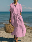 Women's maxi dress featuring a smocked waist and pintuck detailing, made from an elegant linen blend, perfect for summer occasions. 3