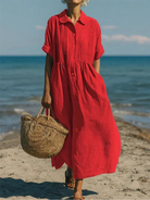 Women's maxi dress featuring a smocked waist and pintuck detailing, made from an elegant linen blend, perfect for summer occasions. 5