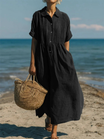 Women's maxi dress featuring a smocked waist and pintuck detailing, made from an elegant linen blend, perfect for summer occasions. 7