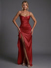 Women's Maxi Dress with Spaghetti Straps and Side Split – Elegant Ruched Satin Cocktail Dress 0