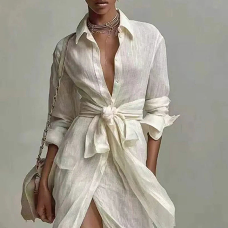 Women’s white boho linen maxi dress featuring long sleeves and a stylish split hem, perfect for summer outings and casual events. 2