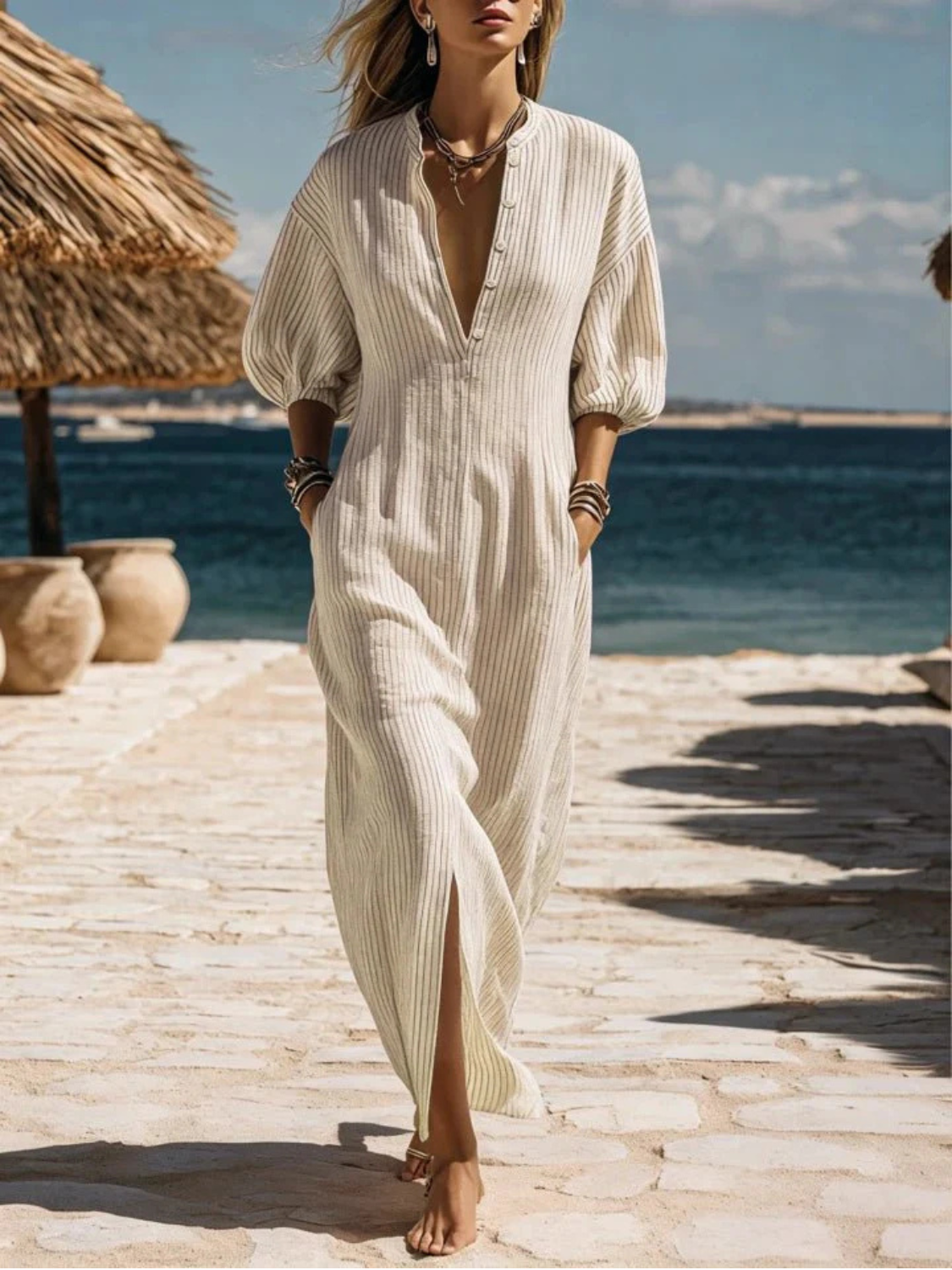 Women's maxi dress featuring a striped button-down front, side pockets, and a lightweight breathable design, perfect for summer wear. 0