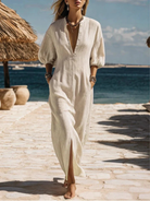 Women's maxi dress featuring a striped button-down front, side pockets, and a lightweight breathable design, perfect for summer wear. 0