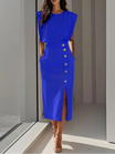 Women's midi dress featuring stylish button detail and a front slit, designed for elegance with sleeveless design and functional side pockets. 2