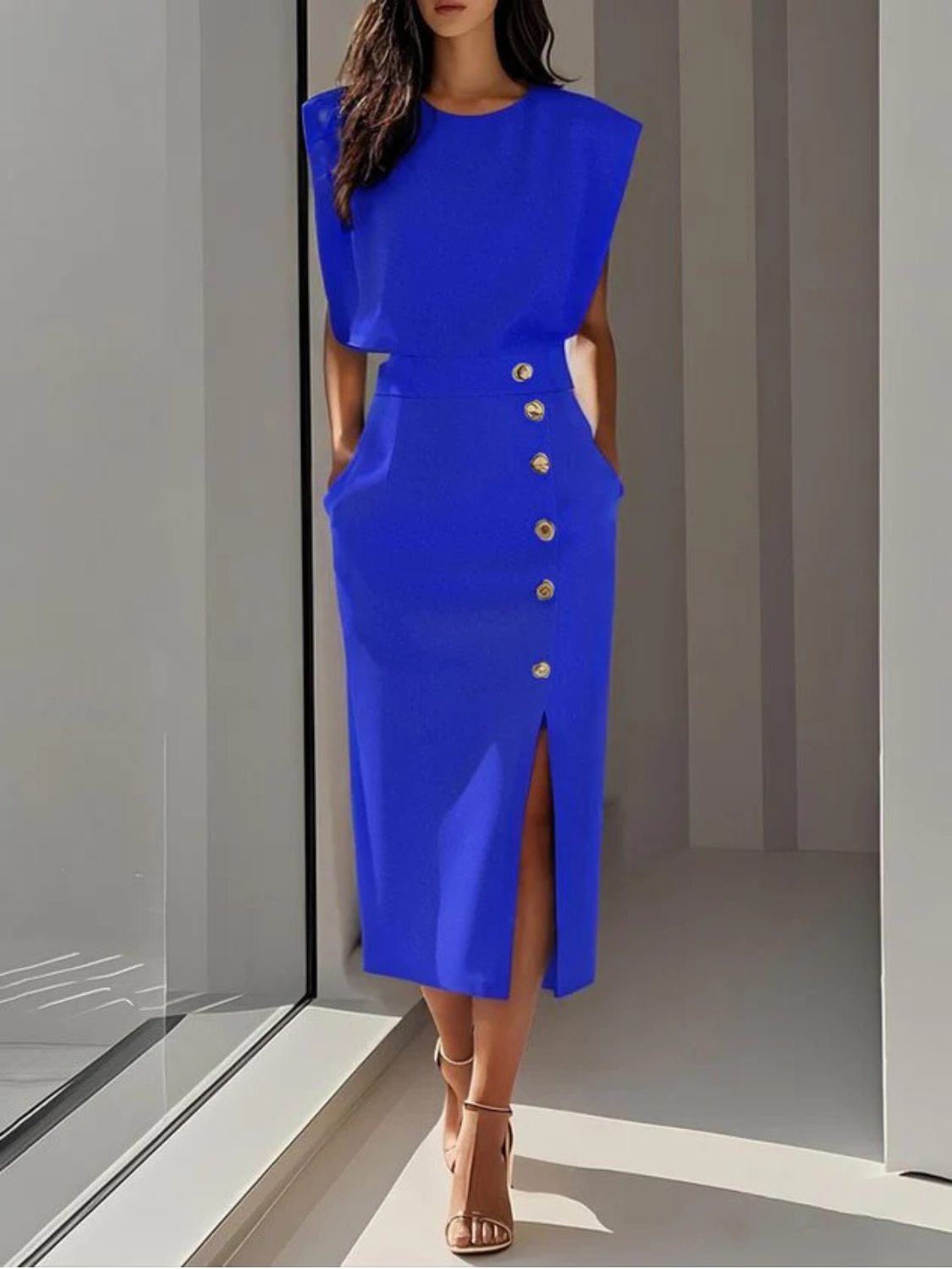 Women's midi dress featuring stylish button detail and a front slit, designed for elegance with sleeveless design and functional side pockets. 2