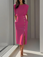 Women's midi dress featuring stylish button detail and a front slit, designed for elegance with sleeveless design and functional side pockets. 4
