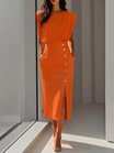 Women's midi dress featuring stylish button detail and a front slit, designed for elegance with sleeveless design and functional side pockets. 7