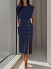 Women's midi dress featuring stylish button detail and a front slit, designed for elegance with sleeveless design and functional side pockets. 8